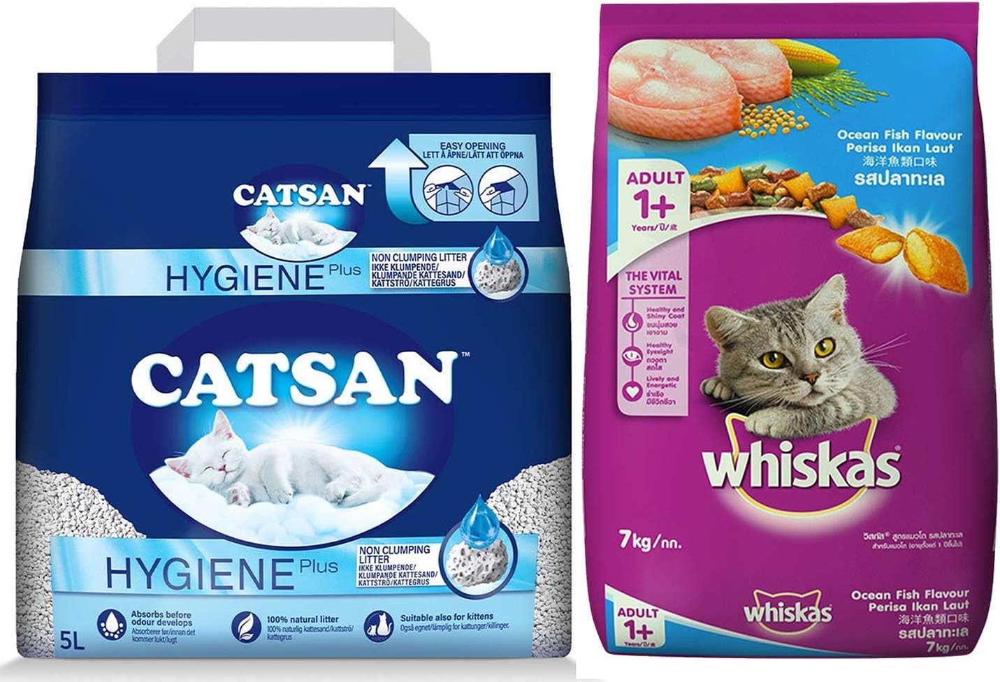 Catsan Hygiene Plus Triple Odor Control 100% Natural Cat Litter, 5 L & Whiskas Adult (+1 Year) Dry Cat Food Food, Ocean Fish Flavour, 7kg Pack