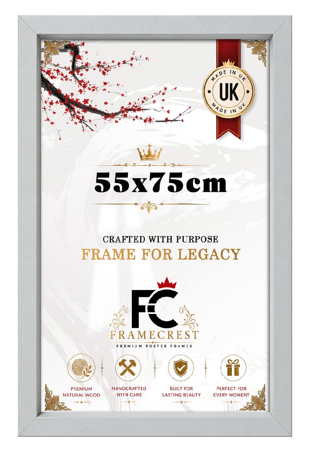 FRAMECREST Luxury Design MDF Poster Frame 55x75cm Size | Crystal Clear Perspex | Christmas Family Friend Wedding Birthday Women Mom Grandma Couple Gifts-[Light Grey]
