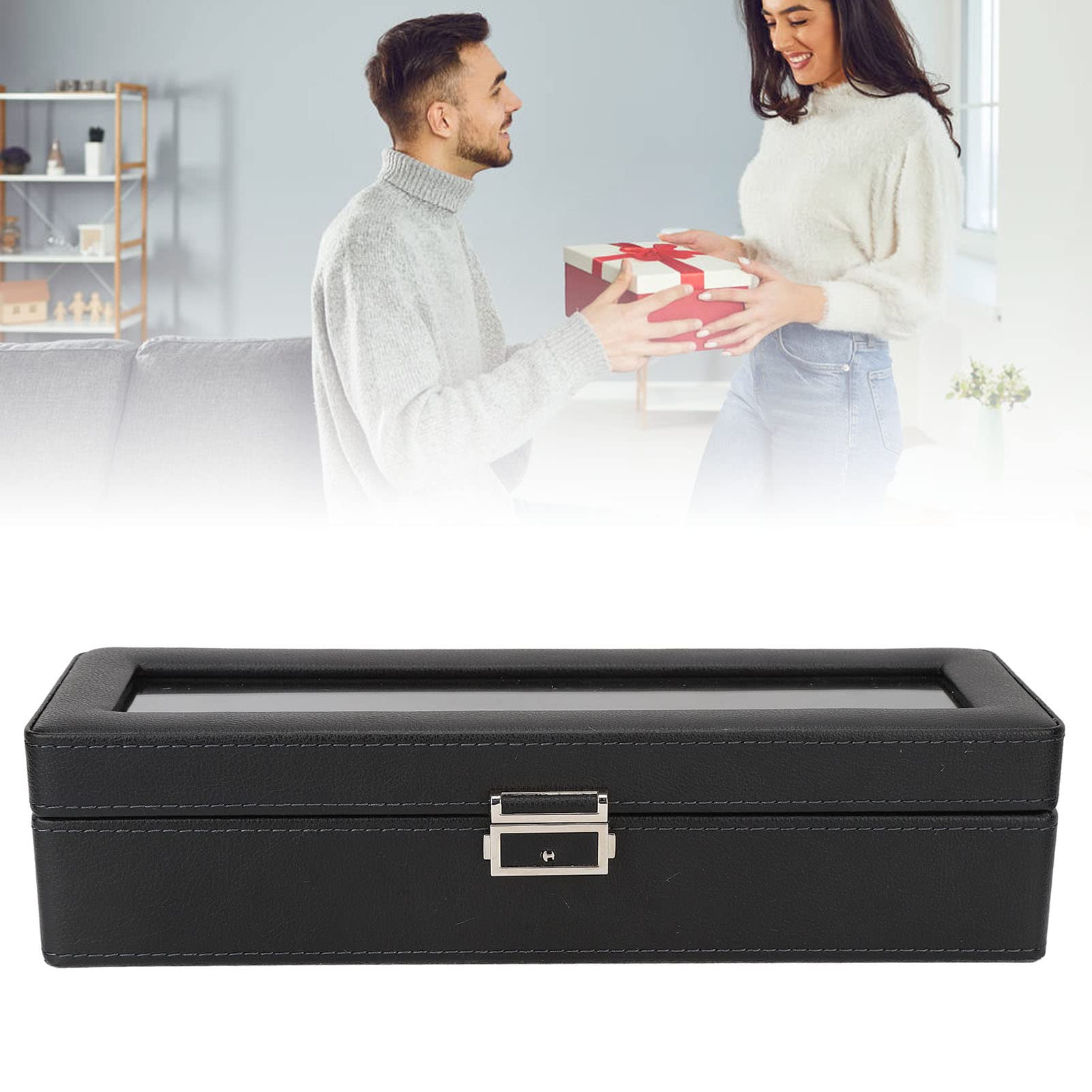Uhrenbox mit 6 Fächern und Glasdeckel, einlagiges Schmuckaufbewahrungsgehäuse für Uhren, transparente Display-Box mit PU-Leder-Oberfläche für Wohndekor und Reisen