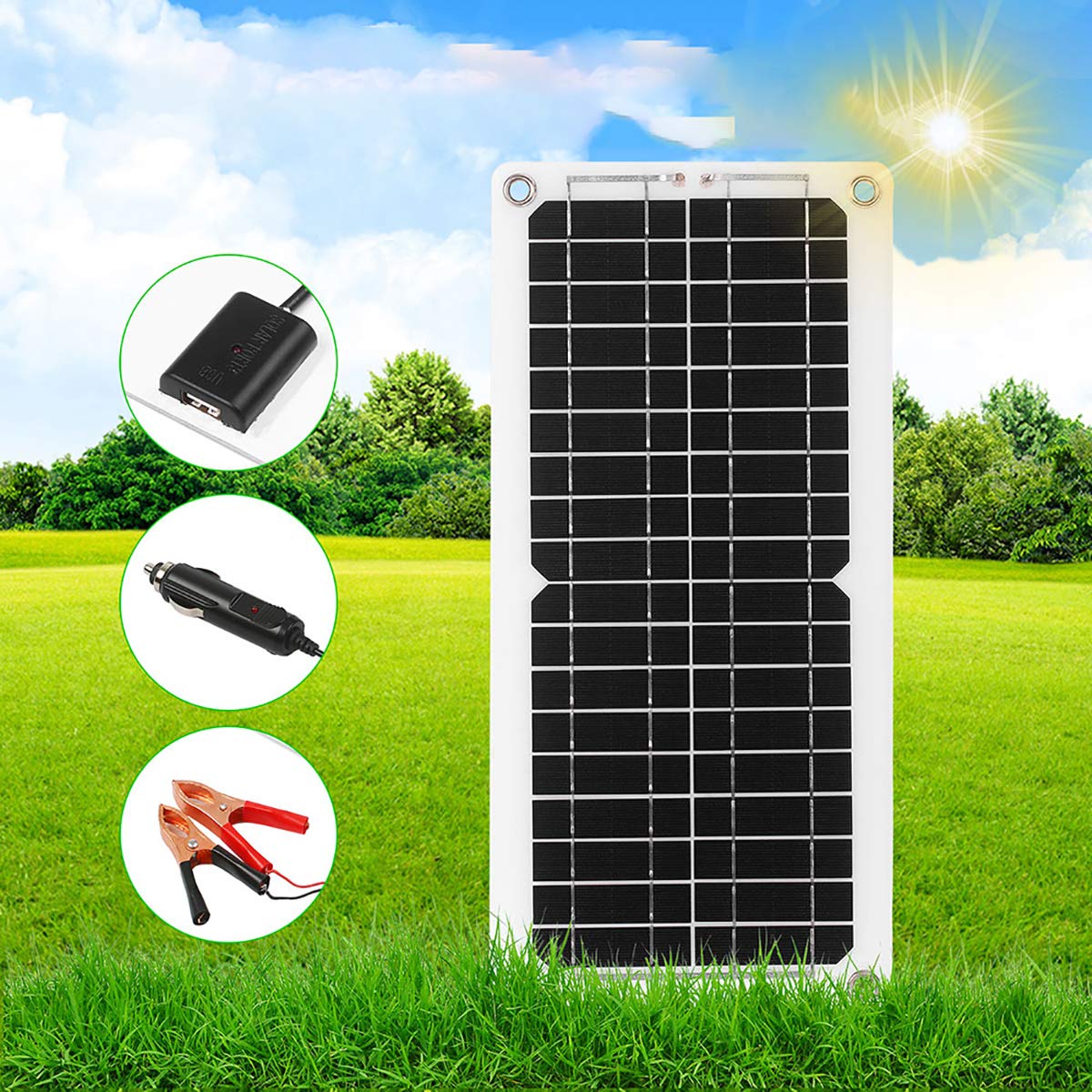 Kit de cargador de batería portátil de 12 V 10 W, con cable de carga, clip de cable, adaptador, cargador de energía solar accesorios para coche, barco, caravana, caravana
