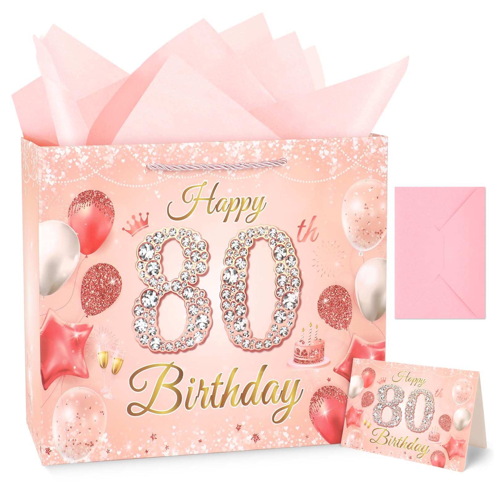 Konsait 80th Birthday Gift Bag Set for Women, 13" Pink & Gold Diamond 80 Happy Birthday Bag with Tissue Paper & Greeting Card for Present Packaging, Parties and More