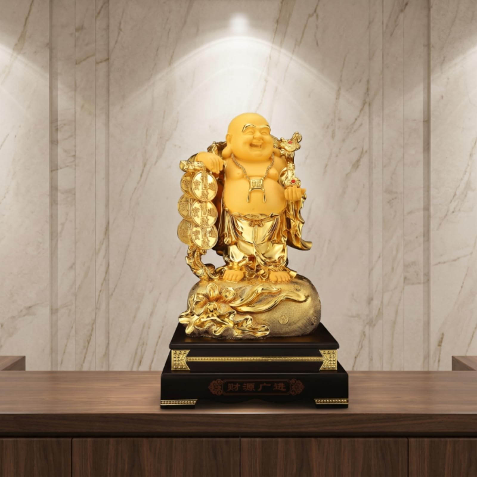 Buddha Statue Buddha Figur Buddha Skulptur Dekofiguren mit Schildkröte aus Harz in Goldoptik Symbol für Reichtum Und für Büro Zuhause, 24 Zoll, Glücksdrache Buddha Panlong Buddha, Sandgold