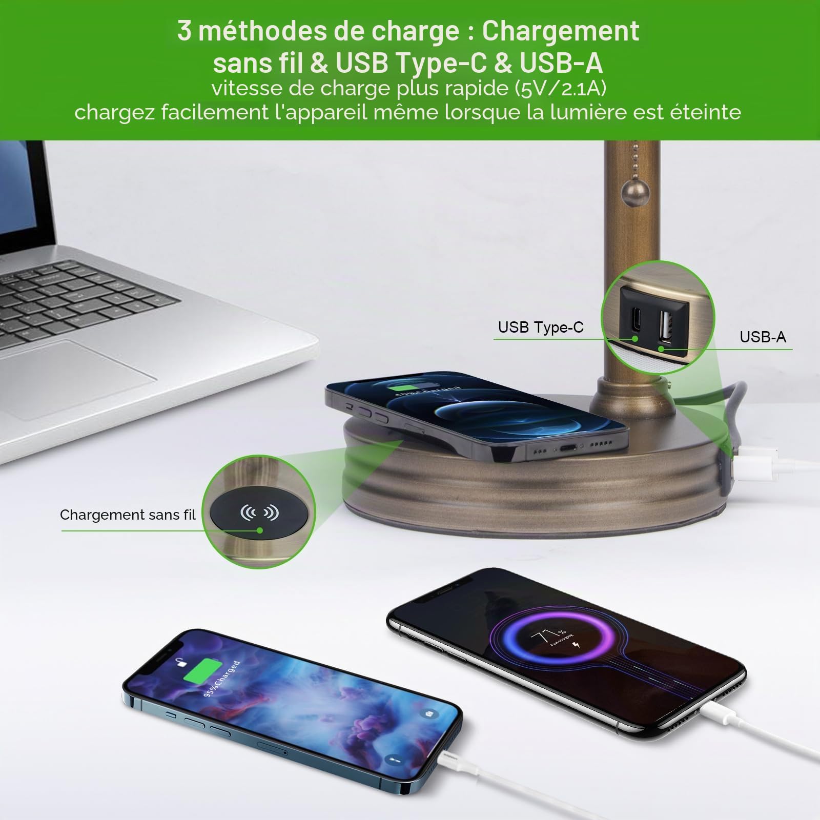 Lampe Banquier Verte, Lampe de Bureau Vintage avec Chargeur Sans Fil et Port USB, Lampe de Table pour Bureaux Bibliothèques Salles D'études et Lampe de Chevet