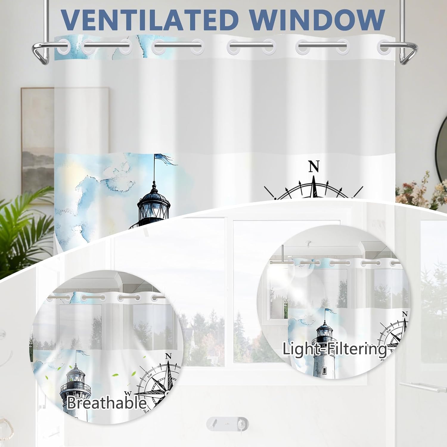 No Hook Waterproof Shower Curtains, Snap-in Shower Curtain Liner with Weighted Hem & Top Window, Nautical Shower Curtain for Bathroom, Hotel and Gym, 71x74 Inches