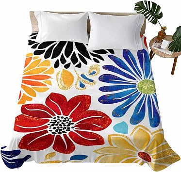 Red Blue Floral Flat Bed Sheet Queen Size for Queen Mattress, Microfiber Bedding Top Sheets Deep Pocket for All Seasons, Yellow Orange Black Bohemian Flower Soft & Breathable Hotel Quality