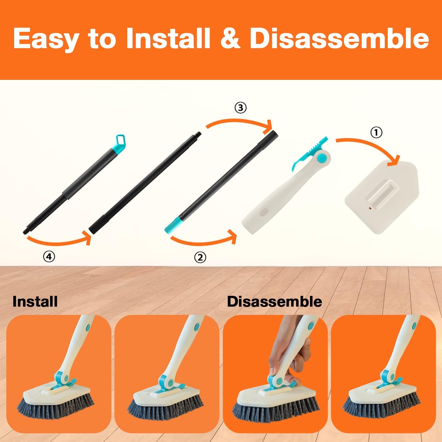 3 in 1 Scrub Cleaning Brush with Long Handle 51'' - Shower Bathtub Tub & Tile Scrubber Brush Include 1 Stiff Brush Head & 3 Scouring Pads & 3 Microfiber Clothes, for Wall Bathroom Glass Bathtub(White)