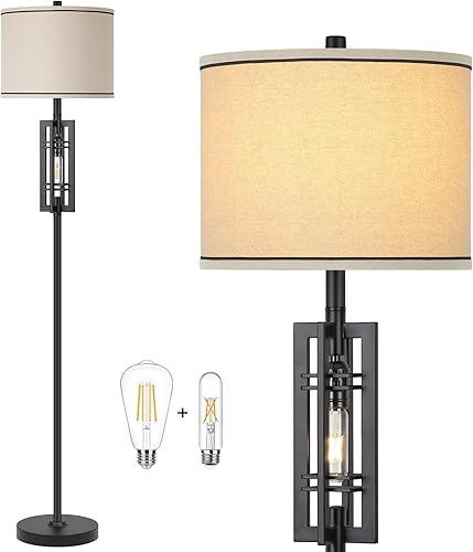 Lámpara de pie de granja con luz nocturna, lámpara de pie negra para sala de estar, 2 bombillas LED E26 incluidas, lámpara de lectura de pie