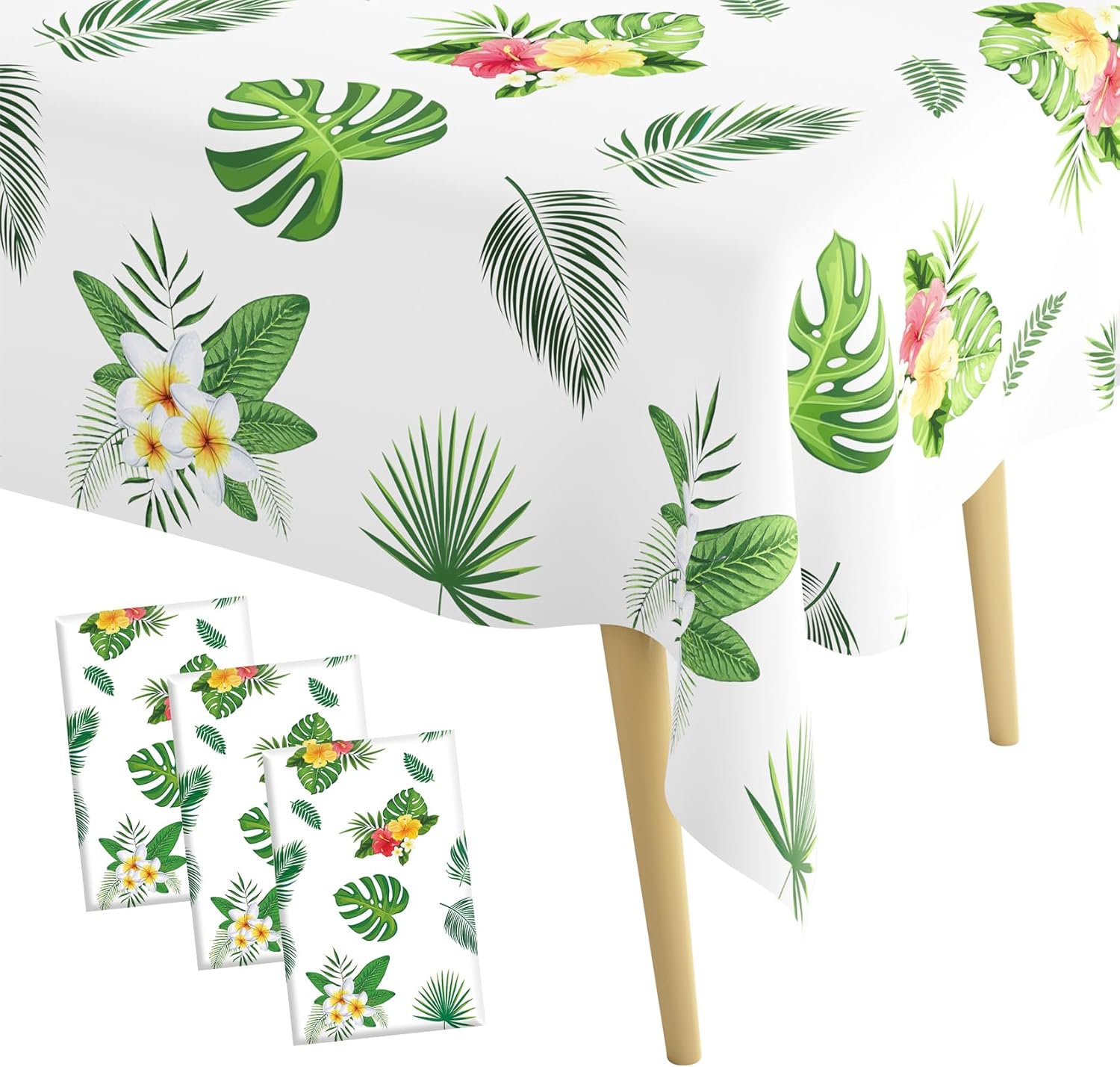 3 PCS Hawaiian Luau Tablecloths Rectangle 54"x108" Plastic Disposable Tropical Palm Leaves Table Cloths Grass Skirt Table Cover Spring Summer Baby Shower Birthday Party Decorations Supplies Favors 3 Pack Hawaii