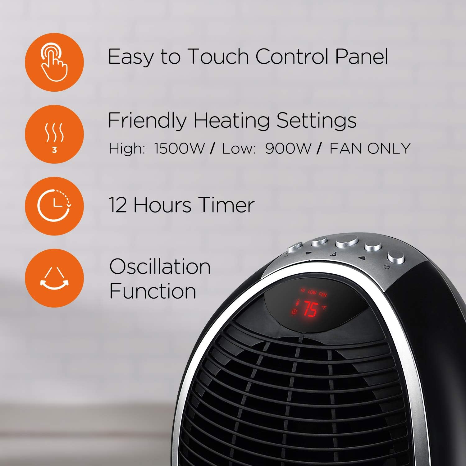 PELONIS NF15-9EN 1500W Fast Heating, Programmable Thermostat, Easy Control, Widespread, Heating & Tip-Over Switch Protection, Oscillating Digital Fan Heater