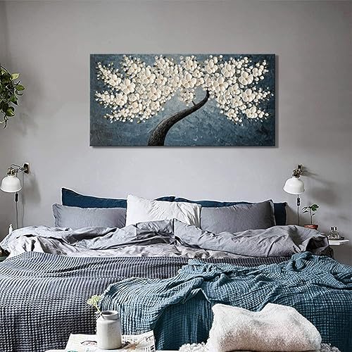 Miniatura 6 de zoinart 3D Floral Oil Paintings on Canvas Wall Art 40x20 Inches Abstract White Flower Modern Canvas Wall Art Contemporary Tree Art Texture Artwork