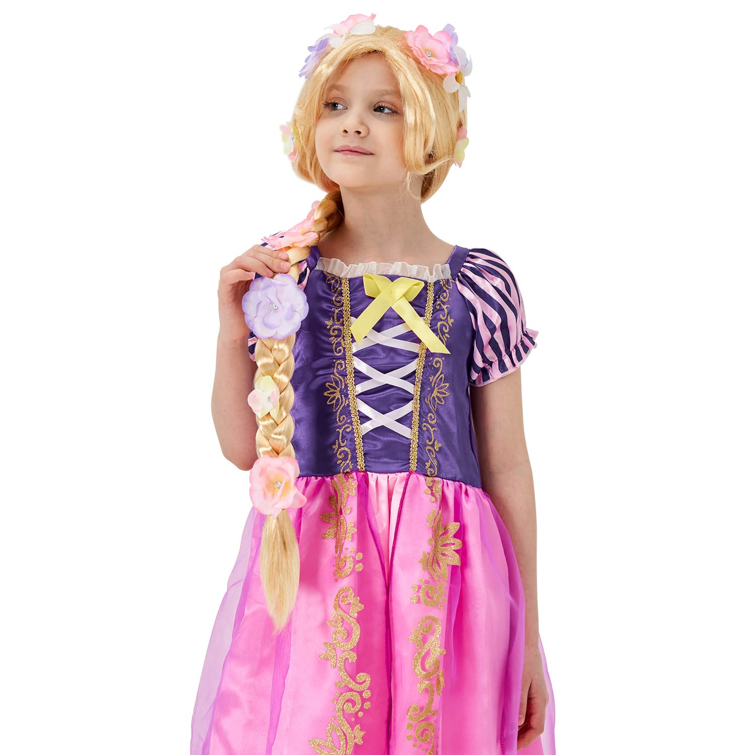 Peluca súper larga de princesa Rapunzel con flores, 29 pulgadas, pelucas sintéticas rubias trenzadas para disfraz, cosplay, cuento de hadas, Halloween, Navidad, fiesta de cumpleaños 4