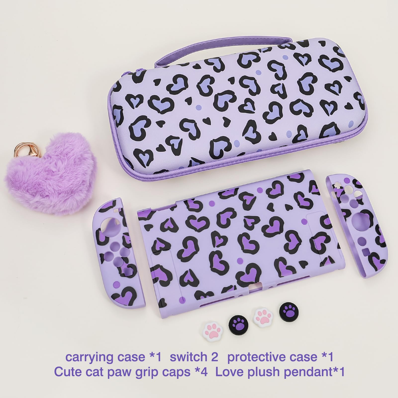 DLseego Carry Case for Switch 2,Heart Leopard Portable Storage Travel Game Carrying Case with NS 2 Dockable Protective Cover,4PCS Thumb Grip Cap and 1PC Plush Heart Charm,Purple — view 7