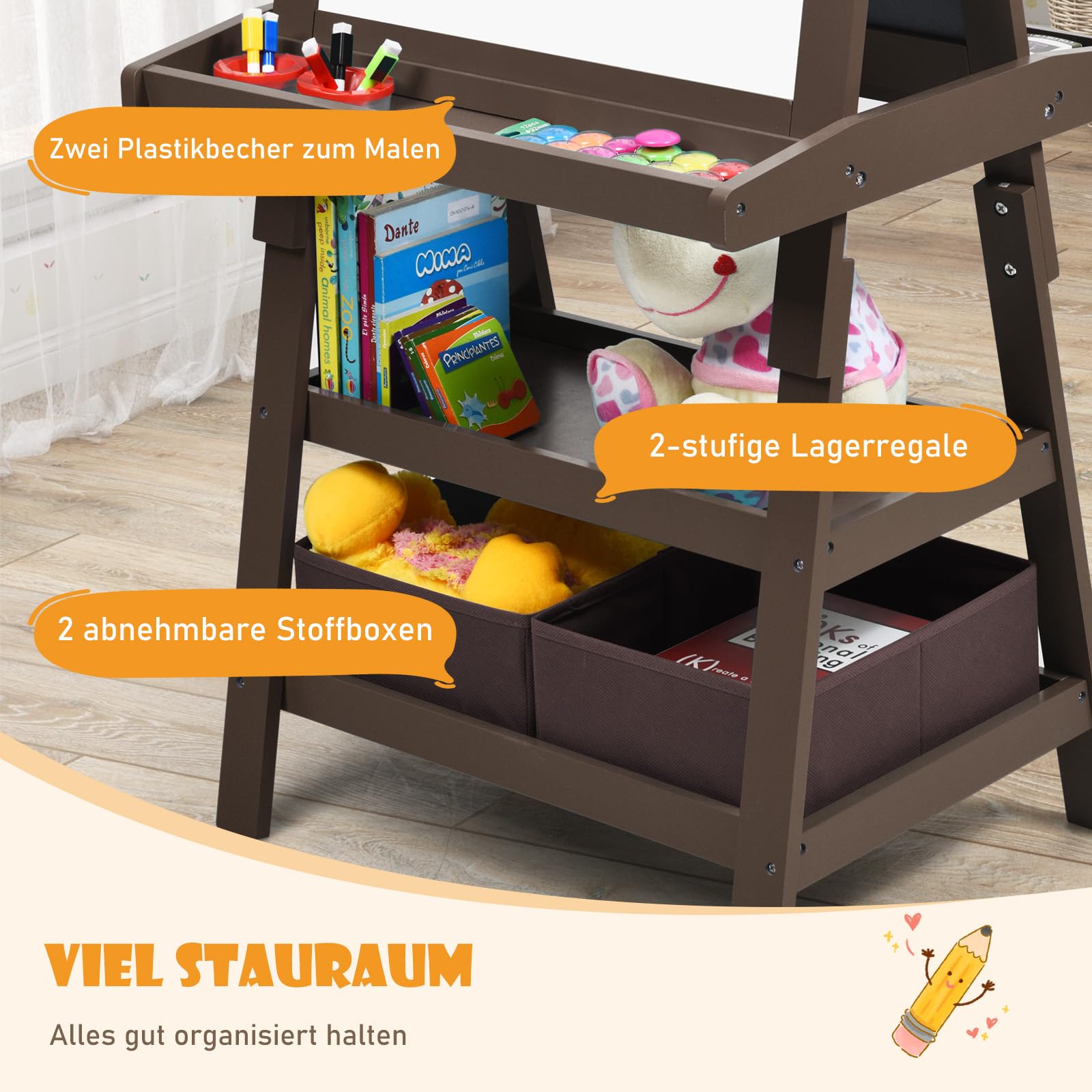 DREAMADE doppelseitige Kinder Staffelei aus Holz, Kinderstaffelei mit Ablage, Kindertafel mit Papierrolle Whiteboard und Kreidetafel, inkl. 2 Stoffboxen (Kaffee)