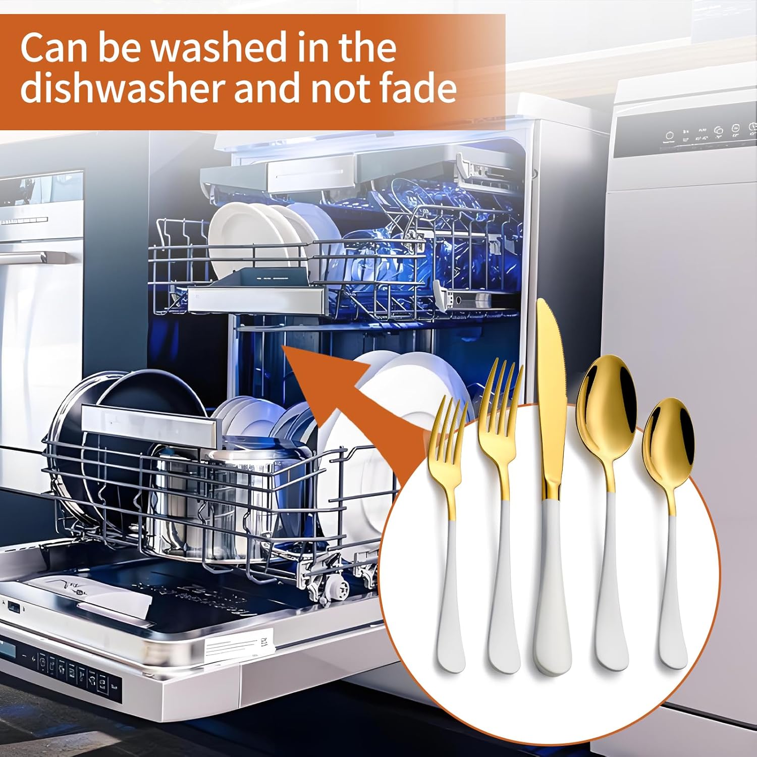 20 Piece Gold and White 18/0 Flatware Utensil Set for 4, Include Dinner Knife,Dinner Forks,Dinner Spoons,Salad Forks,Teaspoons,Silverware Set for 4, Dishwasher Safe