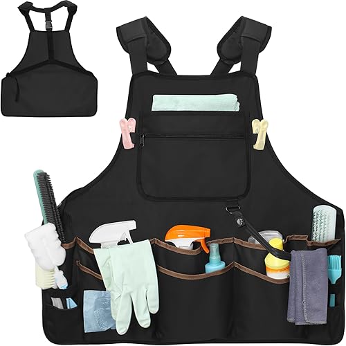 Delantal de limpieza profesional con arnés de doble hombro y cinturón ajustable en la cintura, delantal grande de limpieza con 14 bolsillos para