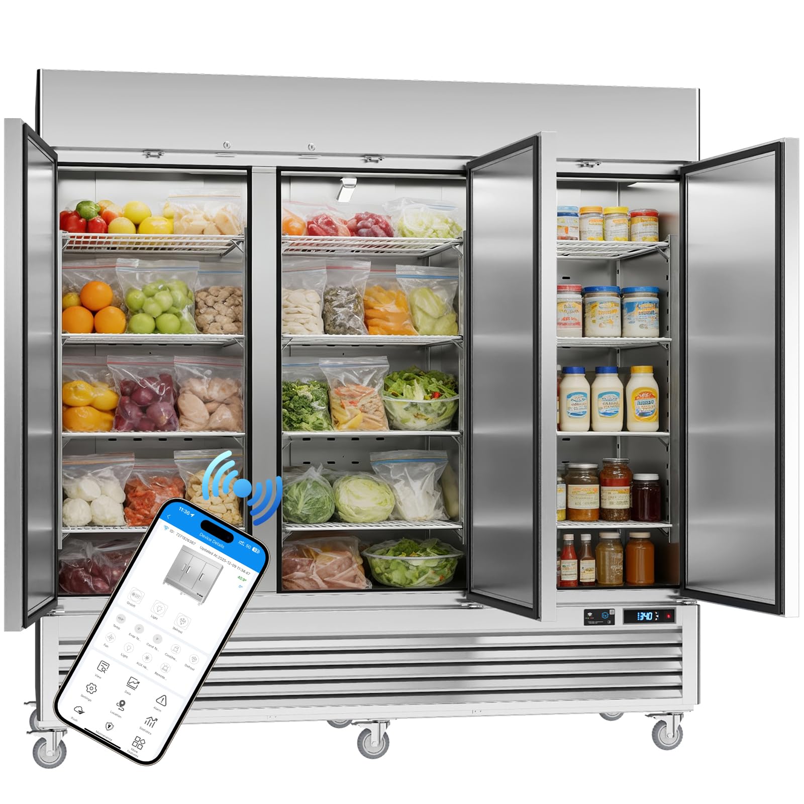 VEECOOL 72 cu.ft Commercial Refrigerator WiFi-Enabled, 82" Two Section Full Door Stainless Steel Reach in Refrigerator, LED Lighting, App and Digital Control, R290 Refrigerant, ETL&amp;ETL Sanitation