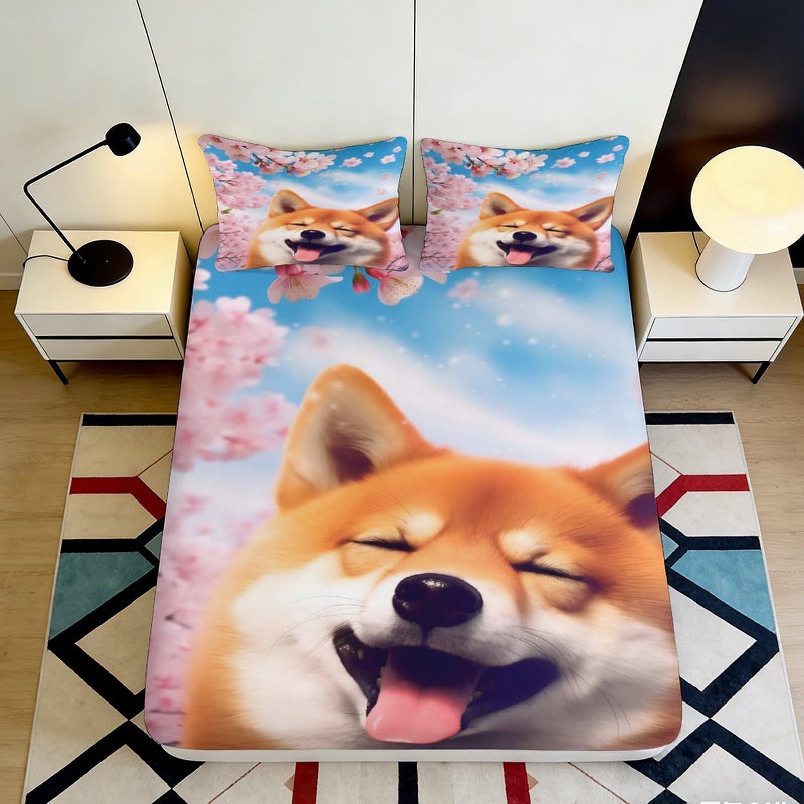 3D Printed Shiba Inu Smile Fitted Sheet Microfiber Soft Animal Dog Blossom Mattress Cover for Bedroom Decor Dorm Home 90x200x25cm
