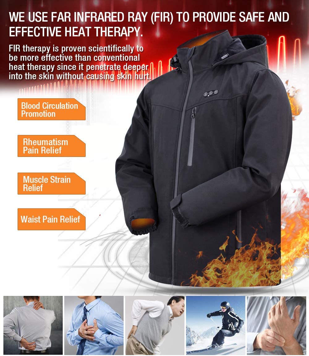 ARRIS Giacca riscaldata da uomo, con batteria ricaricabile da 7,4 V, 8 zone di riscaldamento, cappuccio rimovibile per l'inverno