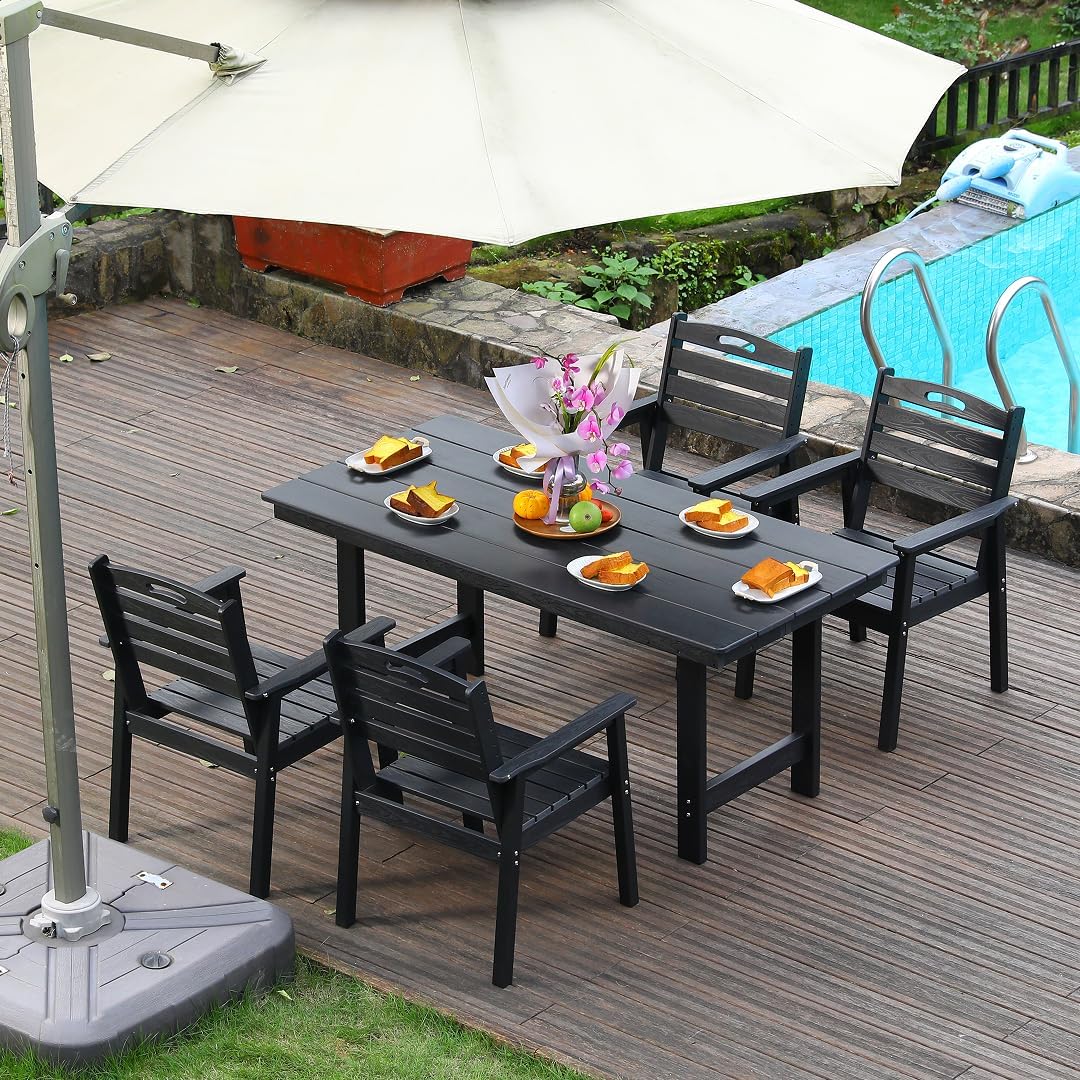 KEIKI 5-Piece HDPE Outdoor Patio Dining Set with Umbrella Hole, Modern Black Adirondack Table 4 Chairs for Poolside Deck Porch, Waterproof Fade Resistant Maintenance Free Black