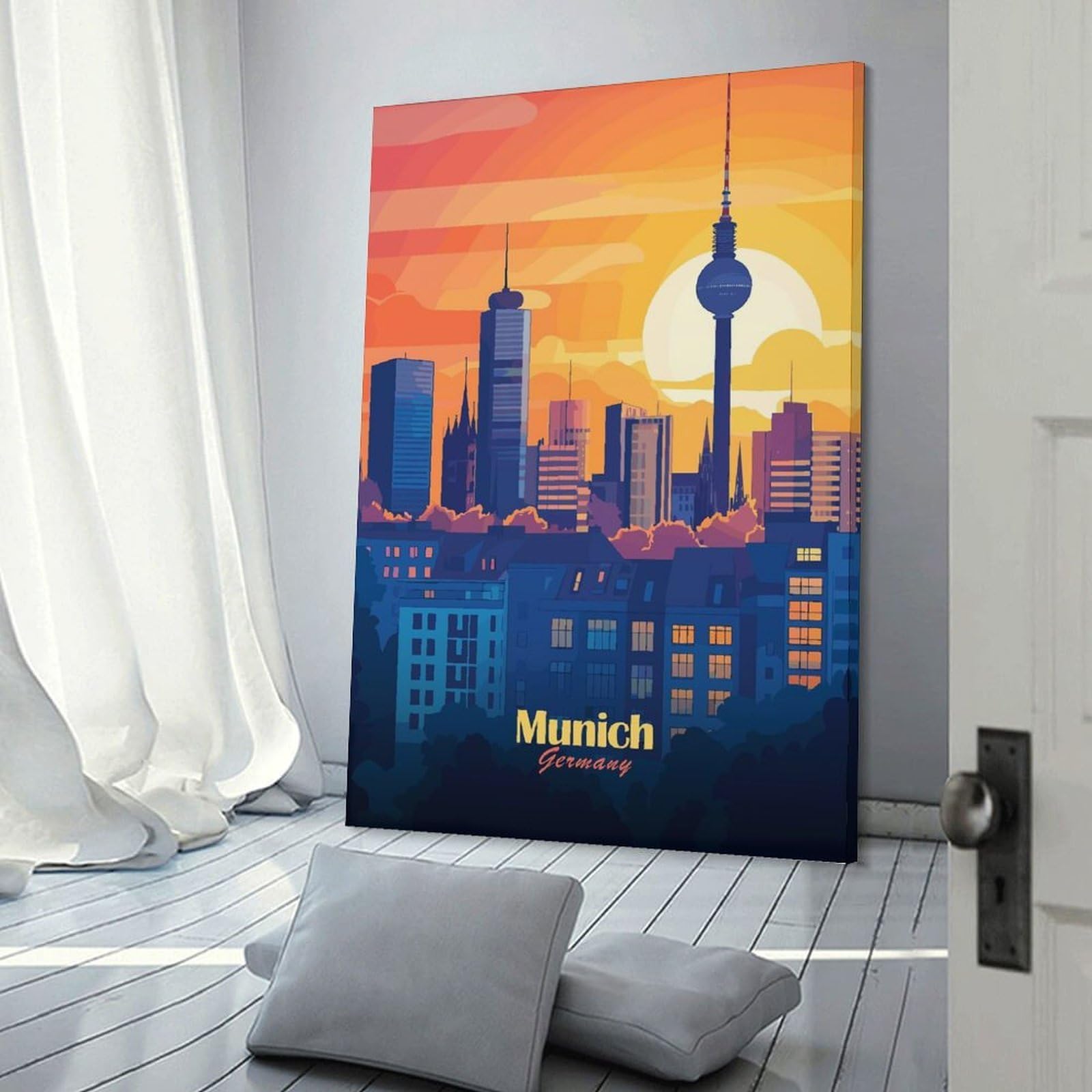Junmoney Frame-Style-18 Munich Skyline Sunset Wall Picture Print, 12X18inch(30X45cm), For New Homes, Bedrooms Or Workspaces, Thoughtful Wall Decor For Art Lovers