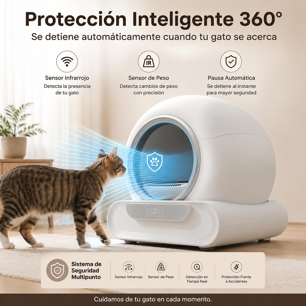 Arenero Automático para Gatos, 65L Gran Capacidad, Autolimpiable con Control App, Sensores de Seguridad Inteligentes, Eliminación de Olores, Ideal para Varios Gatos