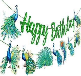 Peacock Happy Birthday Banner 2Pcs Peacock Birthday Party Decorations Glitter Green Bird Theme Birthday Decorations Zoo Bird Party Banner for Peacock Baby Shower Supplies