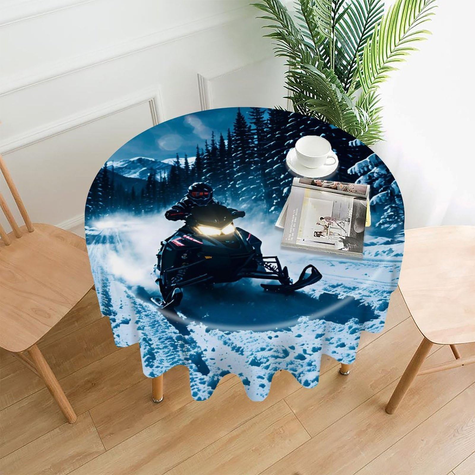 MUSM 60 Inch Snowmobile Round Tablecloth Wipeable Washable Table Cover for Kitchen and Dining Room Decorative Table Cloth for Party Holiday Picnic Outdoor