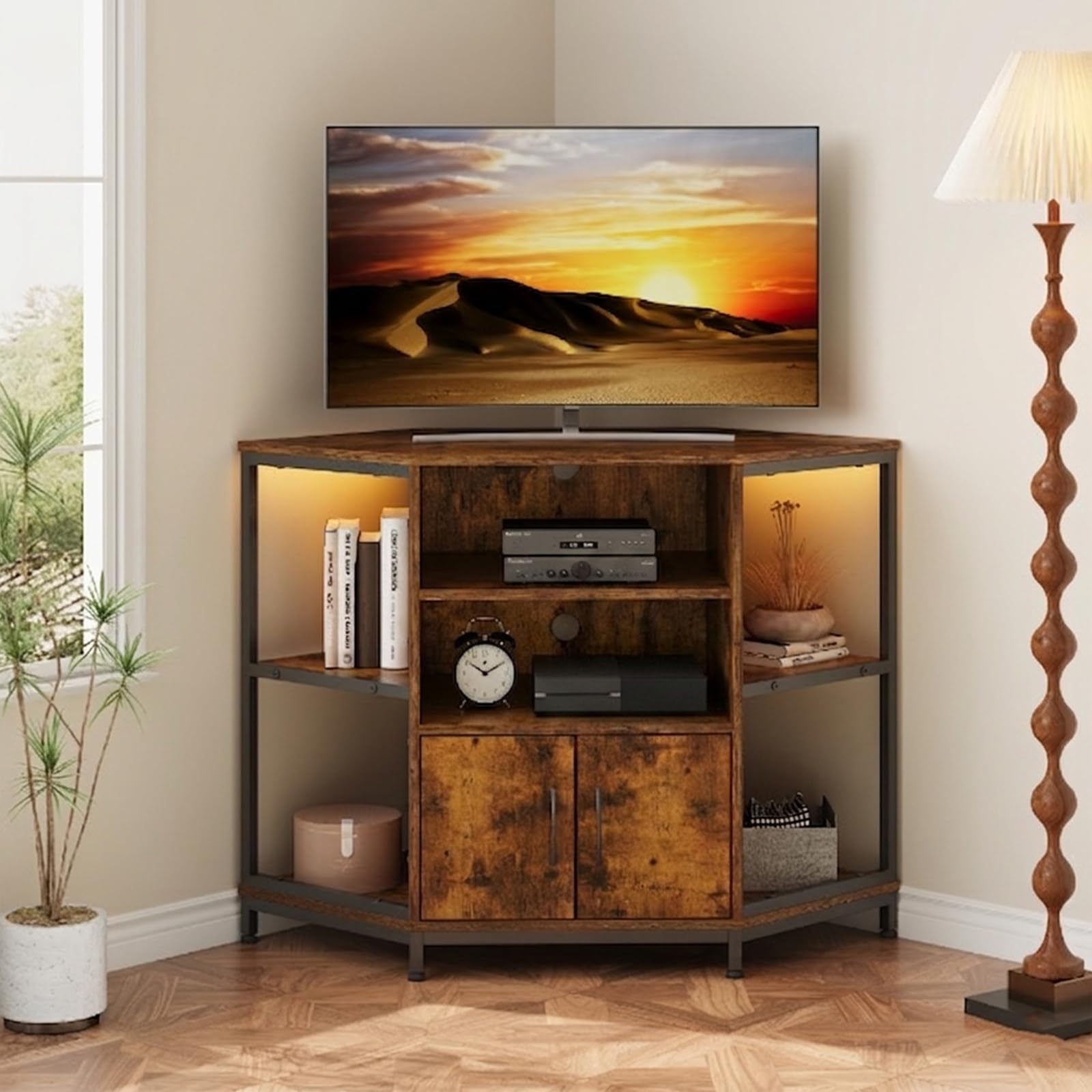 Dripex Mobile angolare per TV con illuminazione a LED, per soggiorno, design industriale, 105 x 50 x 79 cm, marrone vintage