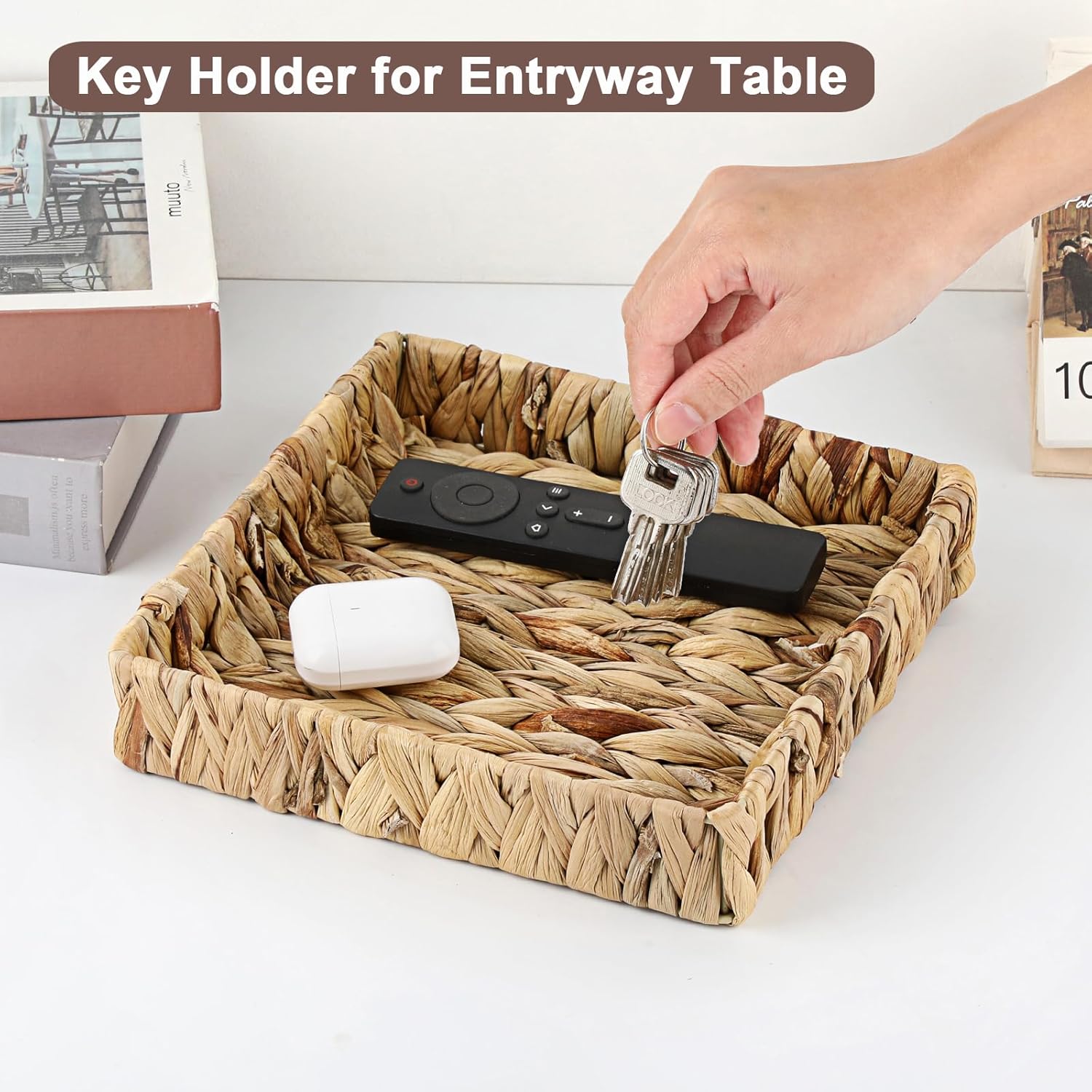 Natural Water Hyacinth Tray Handwoven Wicker Basket Tray for Decoration Square Serving Tray for Coffee Table Living Room Kitchen, 8.5" x 8.5" x 1.6" - Image 2