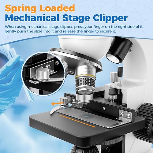Miniatura 6 de MAXLAPTER Microscopio binocular para adultos y niños microscopio compuesto profesional 40X-1000X con diapositivas y etapa mecánica dual - Kit para
