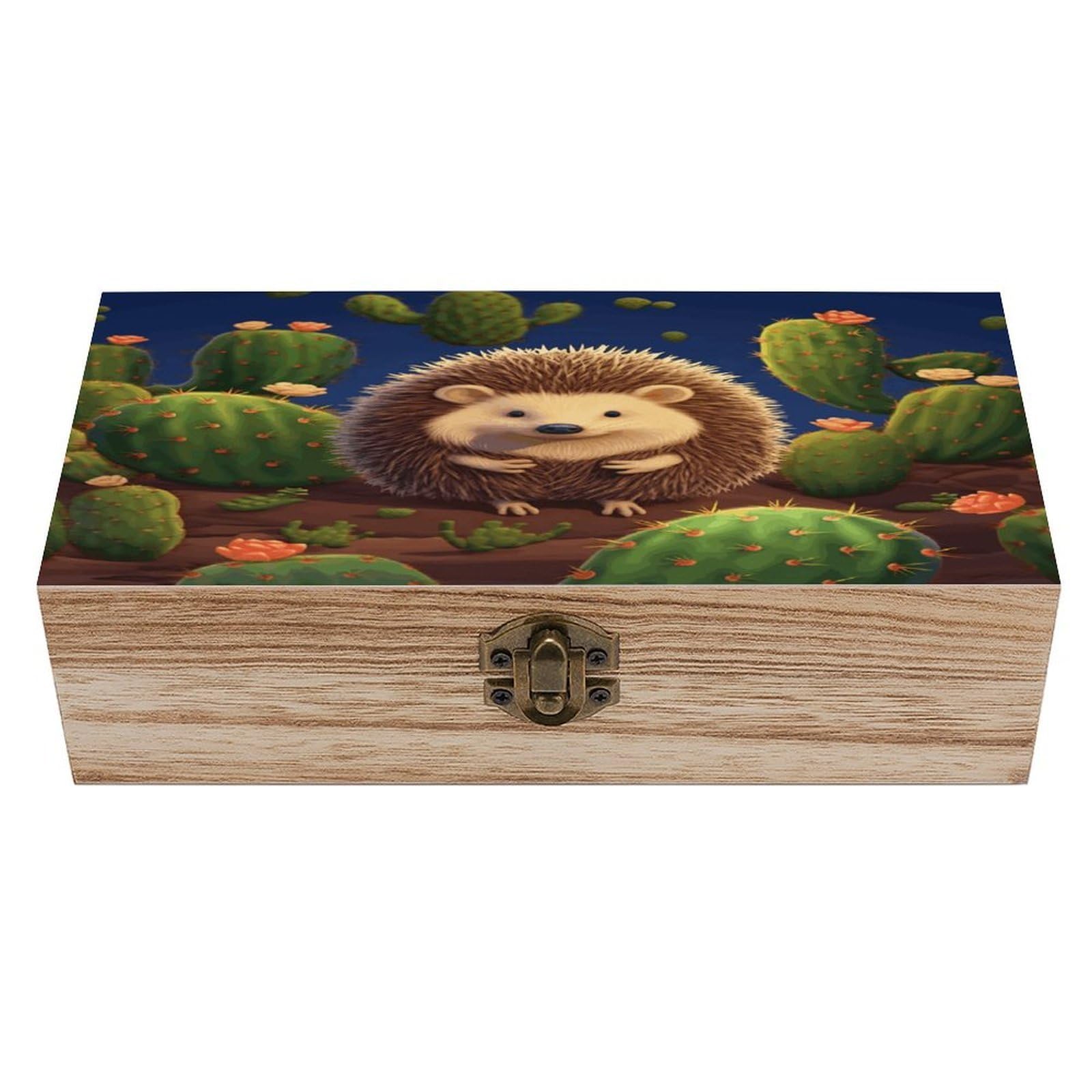 FekiLoot Natural Wooden Keepsake Box with Hinged Lid, 8x4 Inch Hedgehog Cactus Memory Box, Wood Jewelry Organizer & Trinket Holder, Gift for Men Women Anniversary Wedding