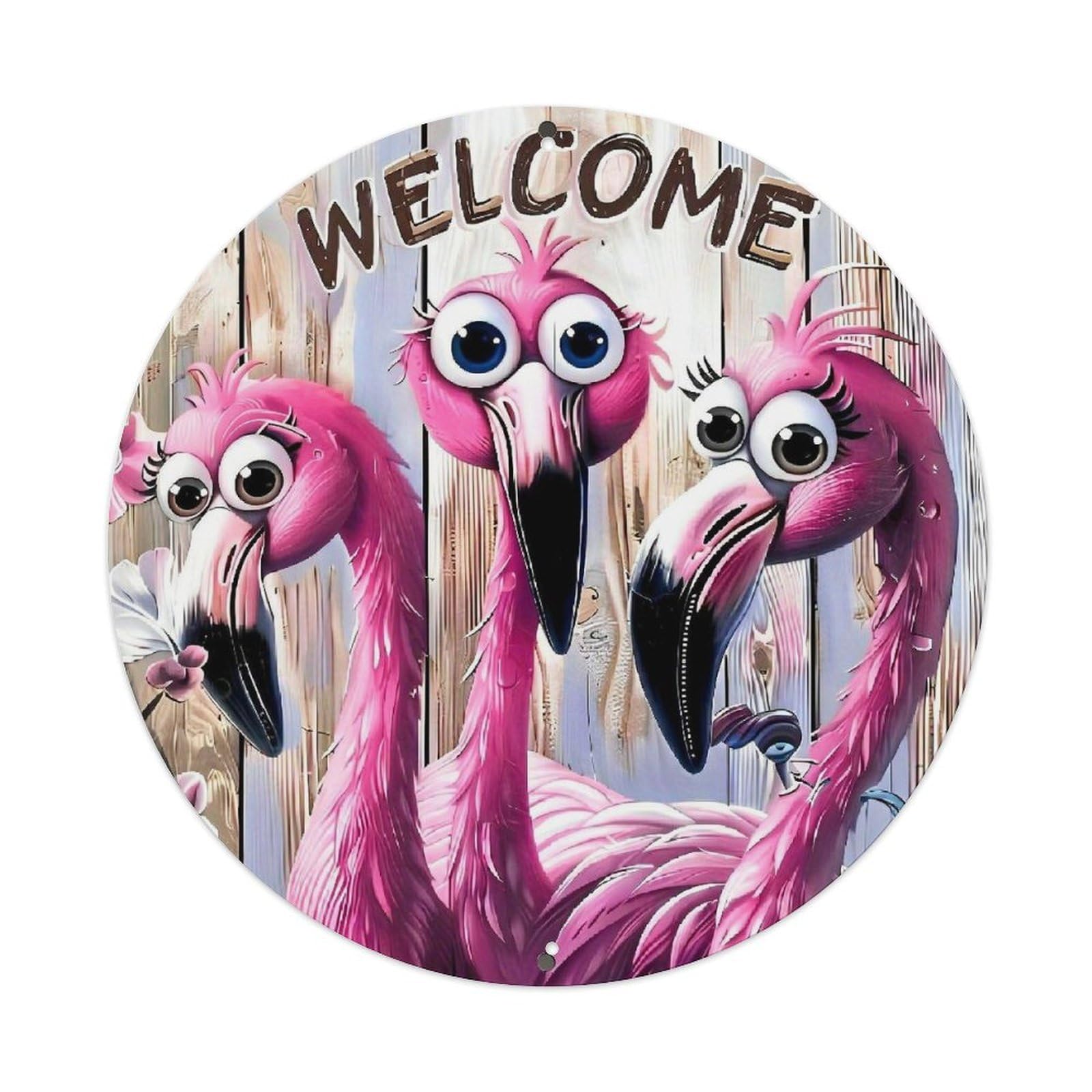 Flamingo Welcome Background Pattern_1 Round Metal Tin Sign Vintage Wall Decor, Bar Garage Cafe Kitchen Home Wall Art Poster 8x8inches