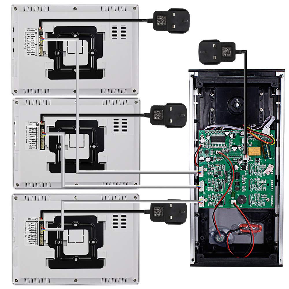KDL Accueil Interphone Vidéo RFID de 7 Pouces Système de Porte Téléphonique 3 Moniteurs avec 1 Caméra avec Vision Nocturne Infrarouge pour Multi Appartements/Bâtiment Bas avec Porte-clés 125KHz