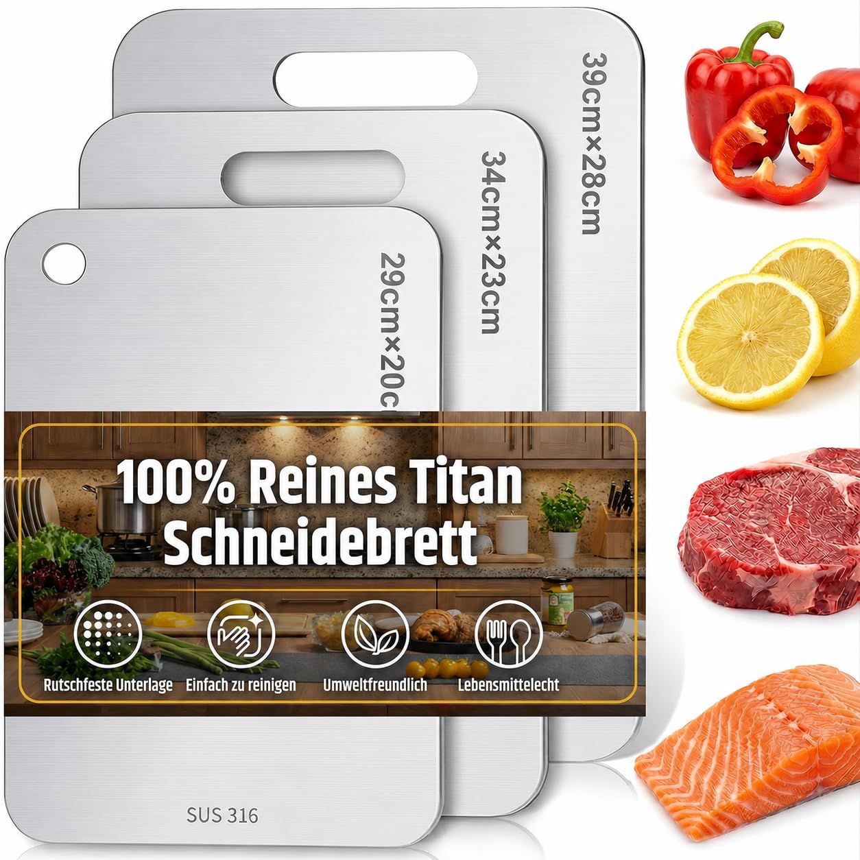 3 Stück Titan Schneidebrett, 304 Edelstahl Schneidebrett, Titanium Cutting Board, 2026 Erstklassige Titan-Schneidebretter, für Die Küche Im Freien Camping Wandern (29x20cm, 34x23cm und 39x28cm)