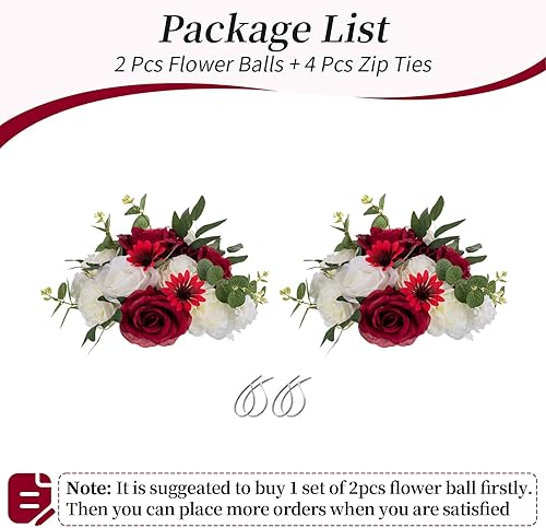 Miniatura 6 de BLOSMON Centros de mesa de boda de bola de flores artificiales, 2 piezas de 9.8 pulgadas, flores falsas color burdeos, rosas besando, arreglo