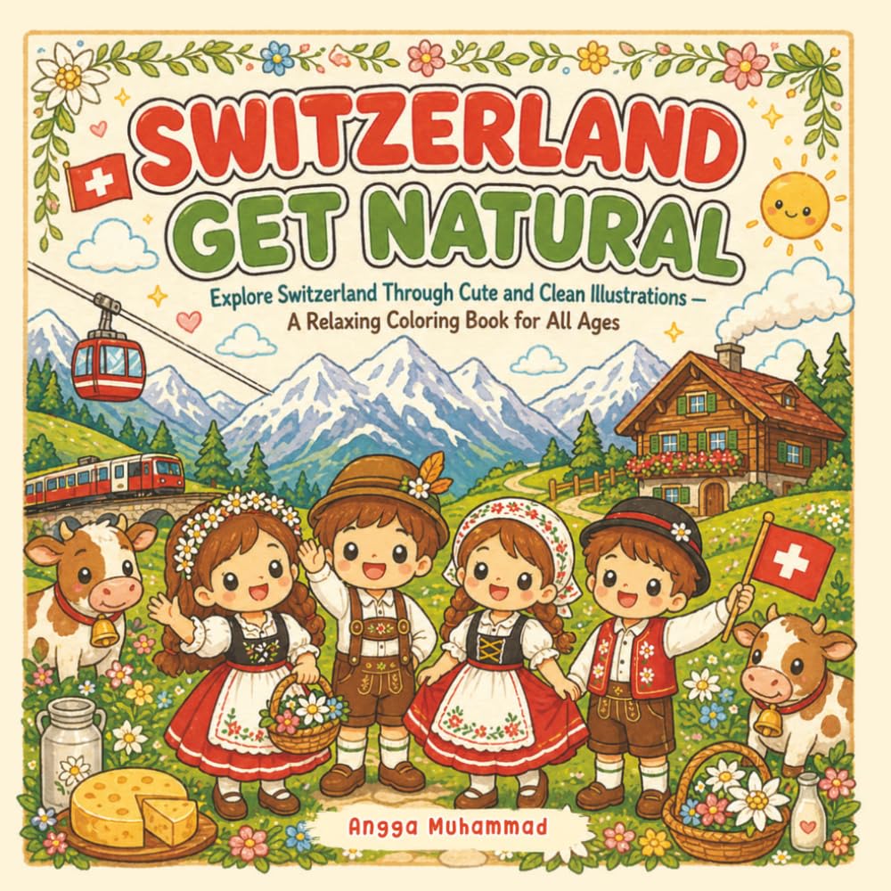 SWITZERLAND — Get Natural: Explore Switzerland Through Cute and Clean Illustrations of Mountain Villages, Trains, Lakes, Farms, Flowers, and Outdoor Adventures — A Relaxing Coloring Book for All Ages