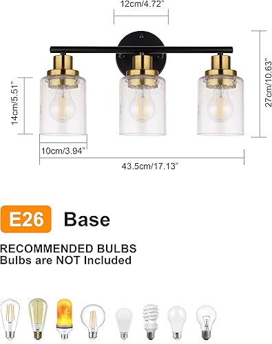 Miniatura 2 de Ldeco Luces de tocador de 3 luces para baño, lámpara de baño negra y dorada con pantalla de vidrio transparente de burbujas, luces modernas para