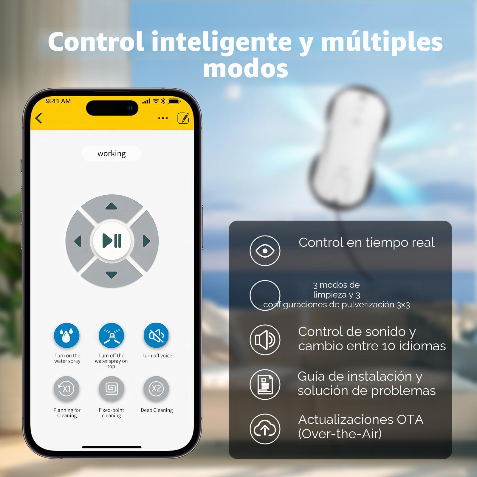 Fmart T11 Robot limpiador de ventanas, sistema cuatro vías, seguridad triple, navegación inteligente, mando a distancia