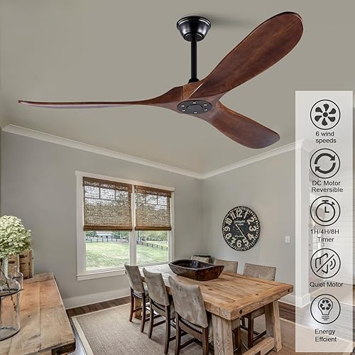 Miniatura 7 de Ventilador de techo de madera de 60 pulgadas sin luz con control remoto y motor de CC reversible silencioso de 3 aspas, moderno ventilador de techo