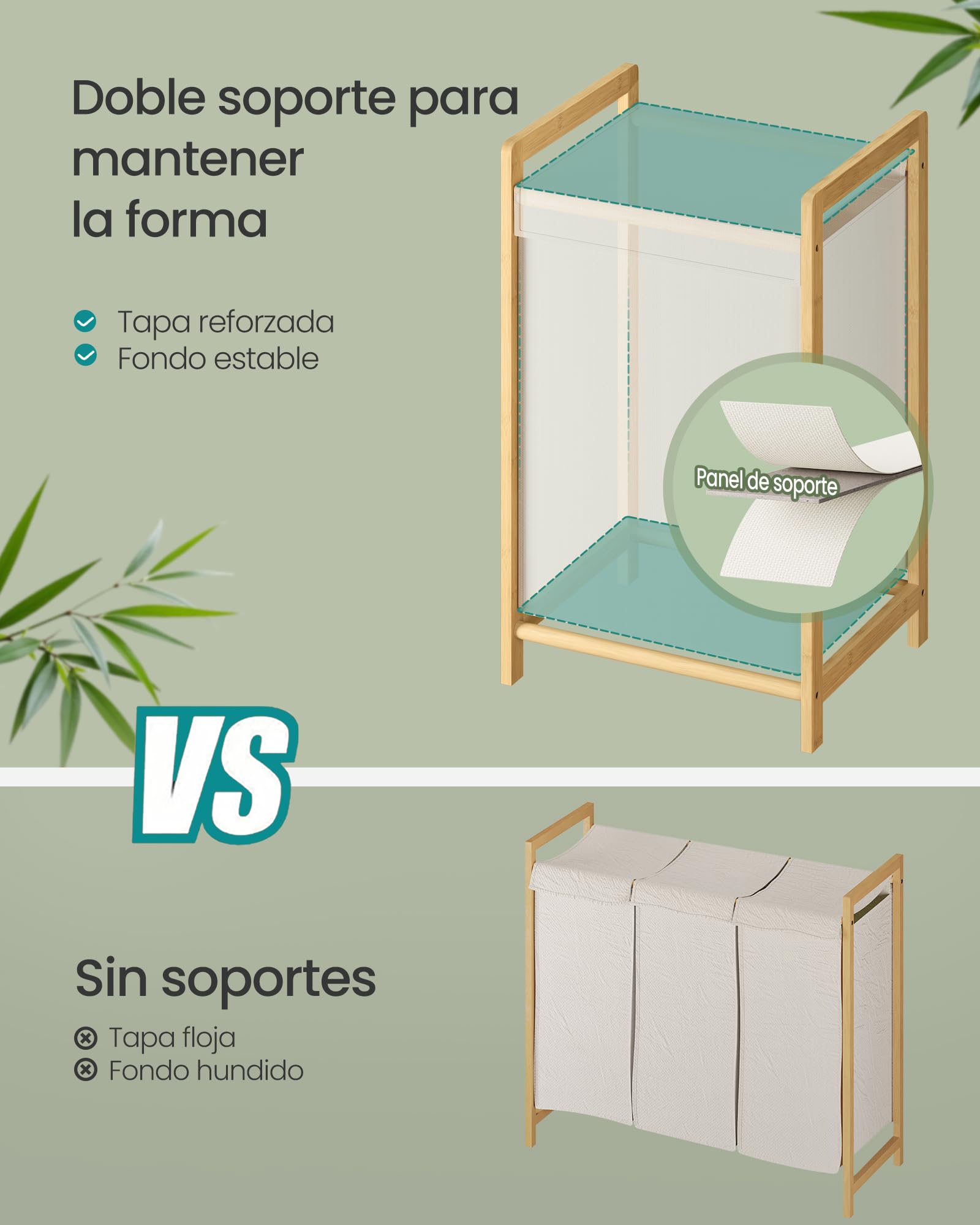 SONGMICS Cesto para Ropa Sucia de 2 Compartimentos, Marco de Bambú, Tapa Reforzada y Extraíble, Bolsa Interior Desmontable, 100 L, Blanco Crema RLH102WD01