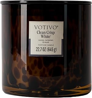 Clean Crisp White Tortoise Scented Candle | 22.7 oz Soy Wax Blend | Luxurious Cotton Scent | Decorative Home Decor Tortoiseshell Pattern | 100 Hour Burn Time