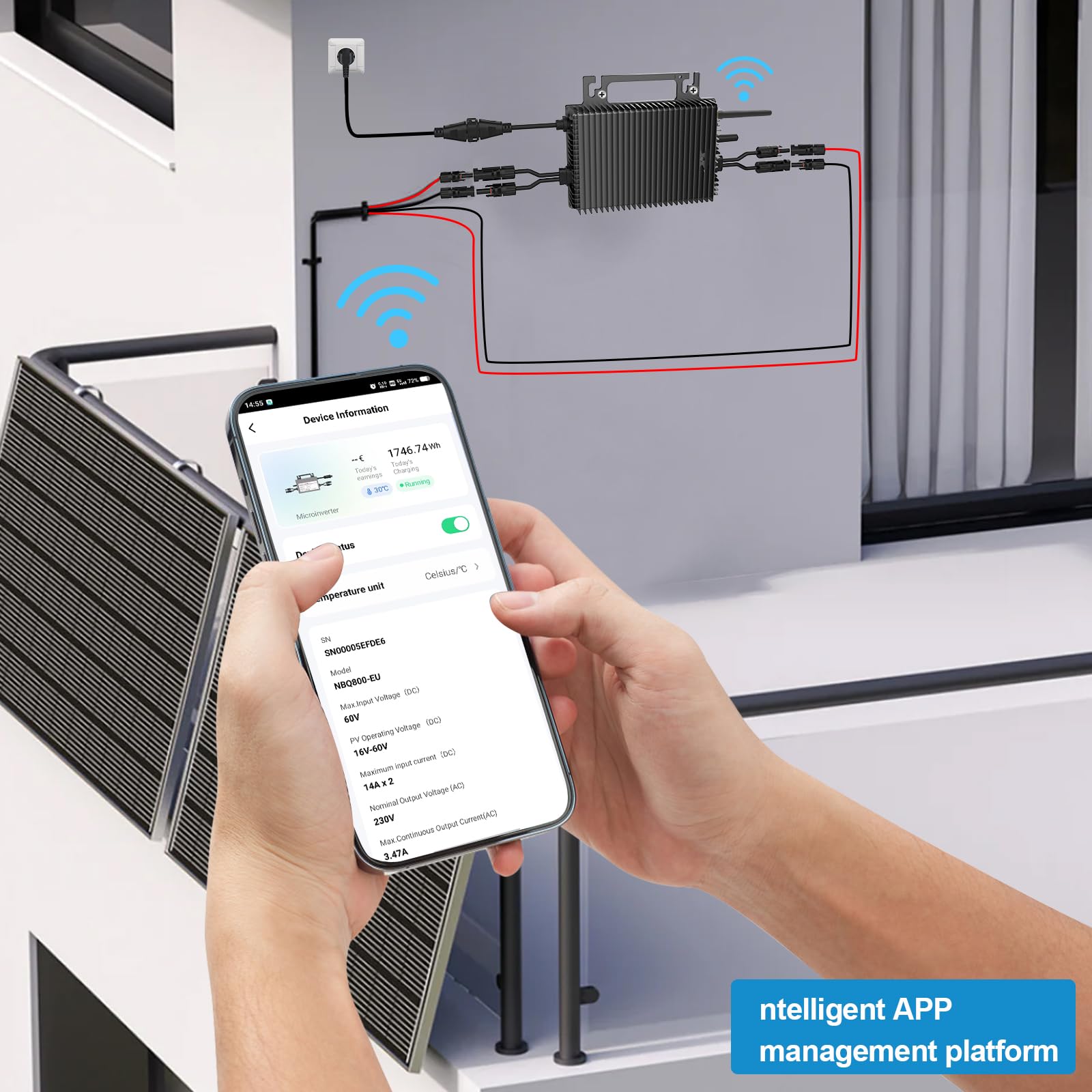 Rückflussverhinderer Mikro Wechselrichter 1200w, Solar PV Wechselrichter mit WLAN, IP67 wasserdicht, mit 5m AC Kabel für Balkonkraftwerk, integrierter MPPT， App Steuerung Plug Play