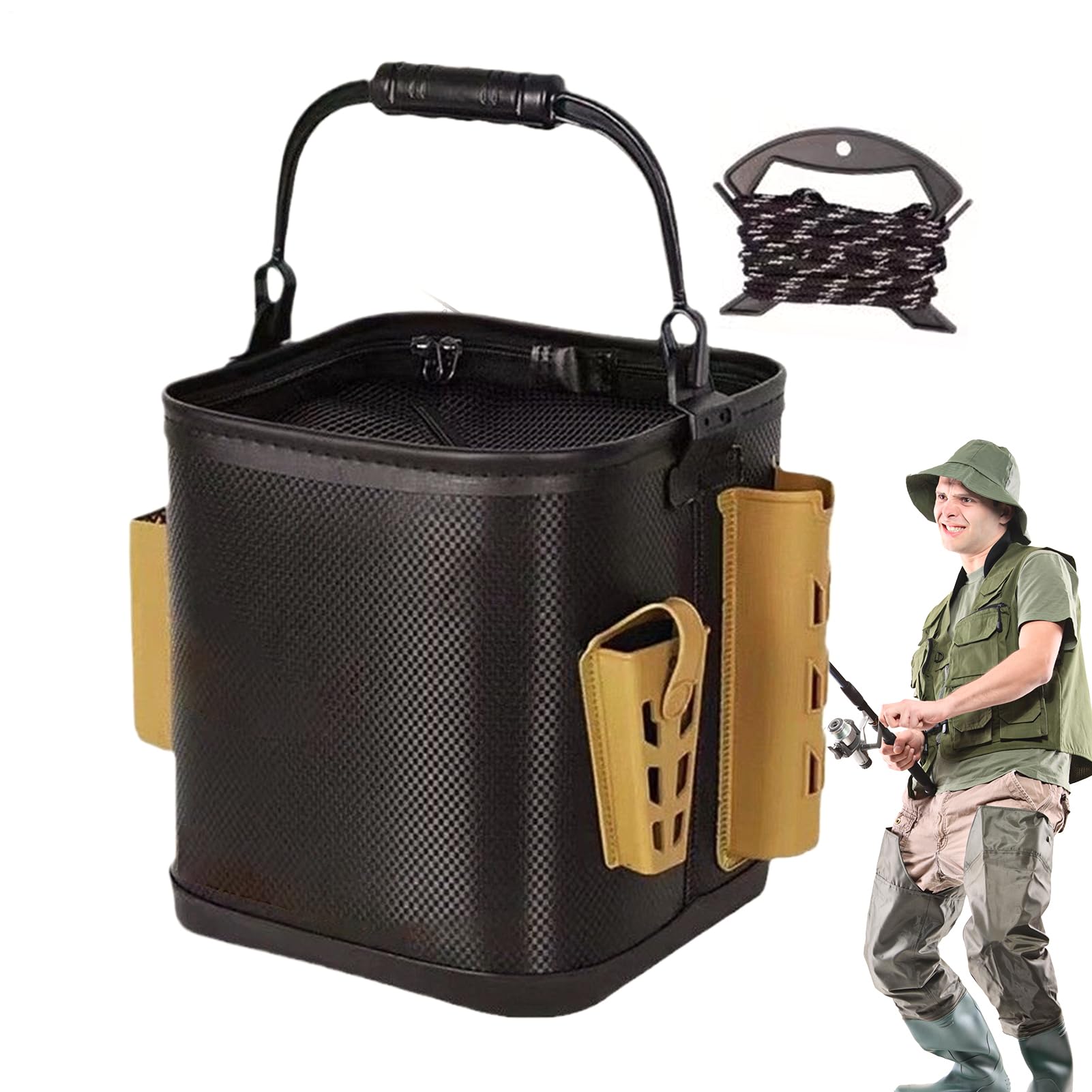 Seau à appâts pliable et autoportant avec sac porte-cannes pour la pêche