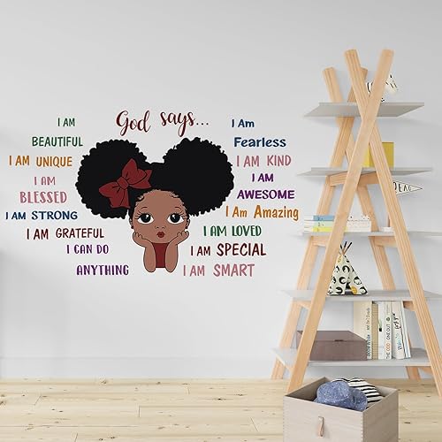 Miniatura 3 de Calcomanía de pared con diseño de mariposa religiosa de niña negra, frase positiva afroamericana con texto en inglés "You are Beautiful", decoración