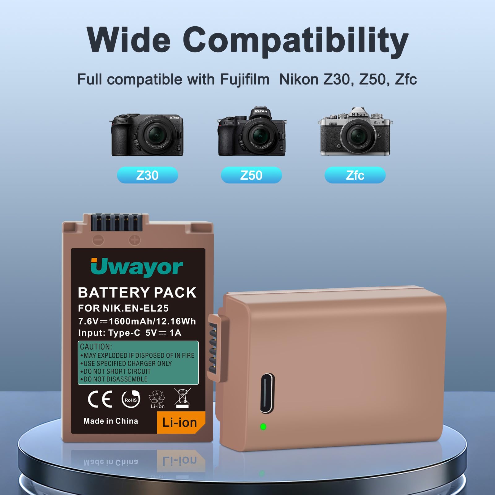 Batería EN-EL25 para Nikon Z30 / Z50 / Zfc / Z50 II, USB-C Batería de cámara de Carga rápida de 1,75 Horas para Nikon Z30, Z50, Zfc