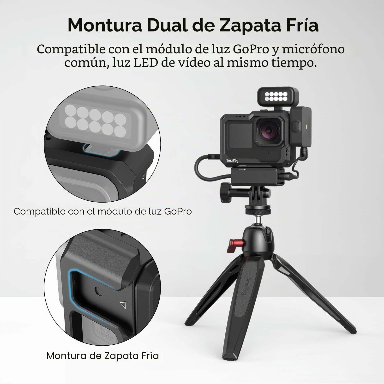 SMALLRIG Hero 13 / Hero 12 / Hero11 / Hero 10 / Hero 9 Jaula Negra para GoPro, con 2 Soportes de Cold Shoe para GoPro Light Mod y micrófono Común, luz de Video LED - 3083C