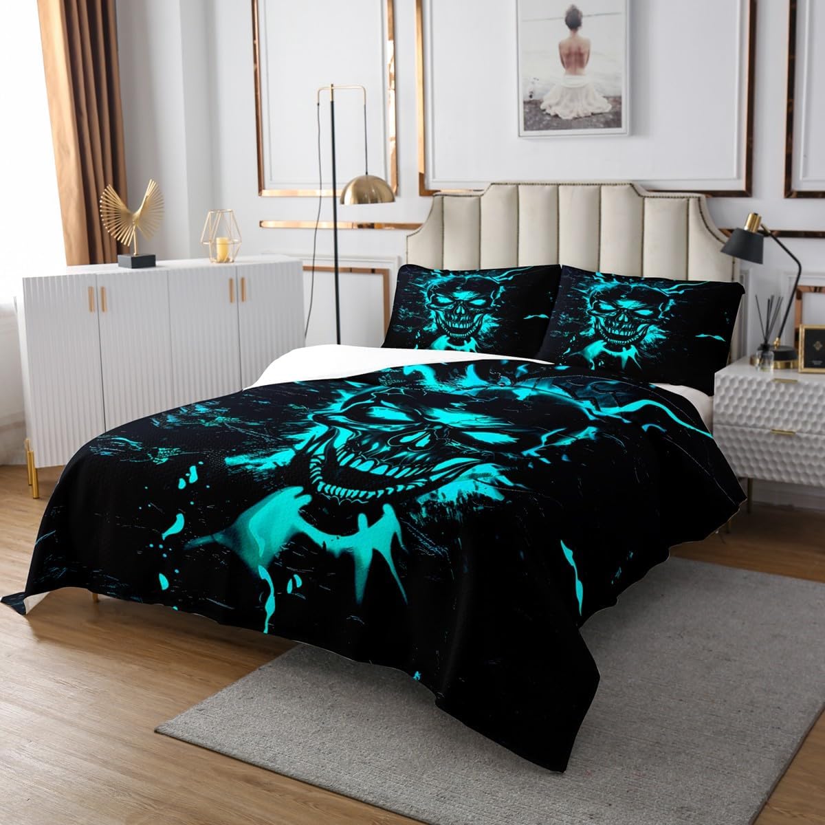 Erosebridal Goth Skull Quilt Set Queen Size for Kids Teens Adults,Teal Black Coverlet Set,Neon Sugar Skull Bed Cover Bedroom Decor,Halloween Gothic Bedspread Set