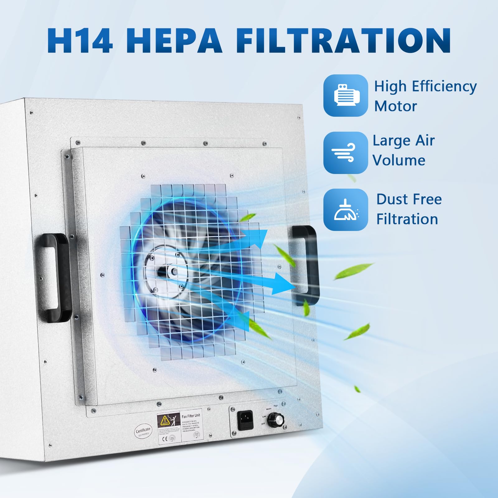 FFU Lüfterfiltereinheit mit H14 HEPA-Filter, 57,4 x 57,4 cm, laminare Durchflusshaube, Klasse 100/ISO 5, 110 V einstellbare Geschwindigkeit, Luftreiniger für Mykologie, Labor und Reinraum