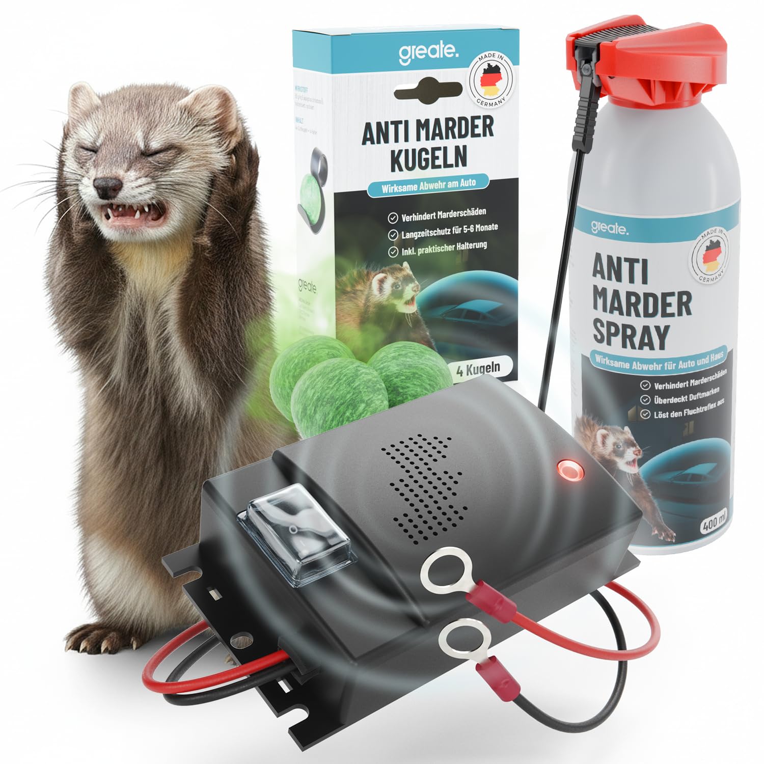 greate Marderabwehr Komplett Set - Marderschreck Auto mit 12V Batterieanschluss + Anti Marderspray 400ml + 4X Marderschreck Duft Kugeln inklusive Halterung