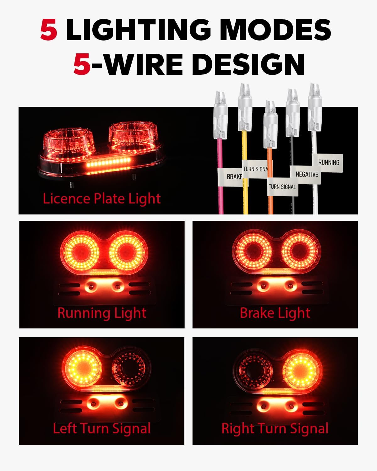 Amazicha Enhanced Motorcycle Tail Light, Motorcycle Brake Light, IP67 Waterproof Turn Signals Running Light with License Plate Bracket Fit for Street Bike Cruiser Chopper Bobber (Red, 90 Leds)